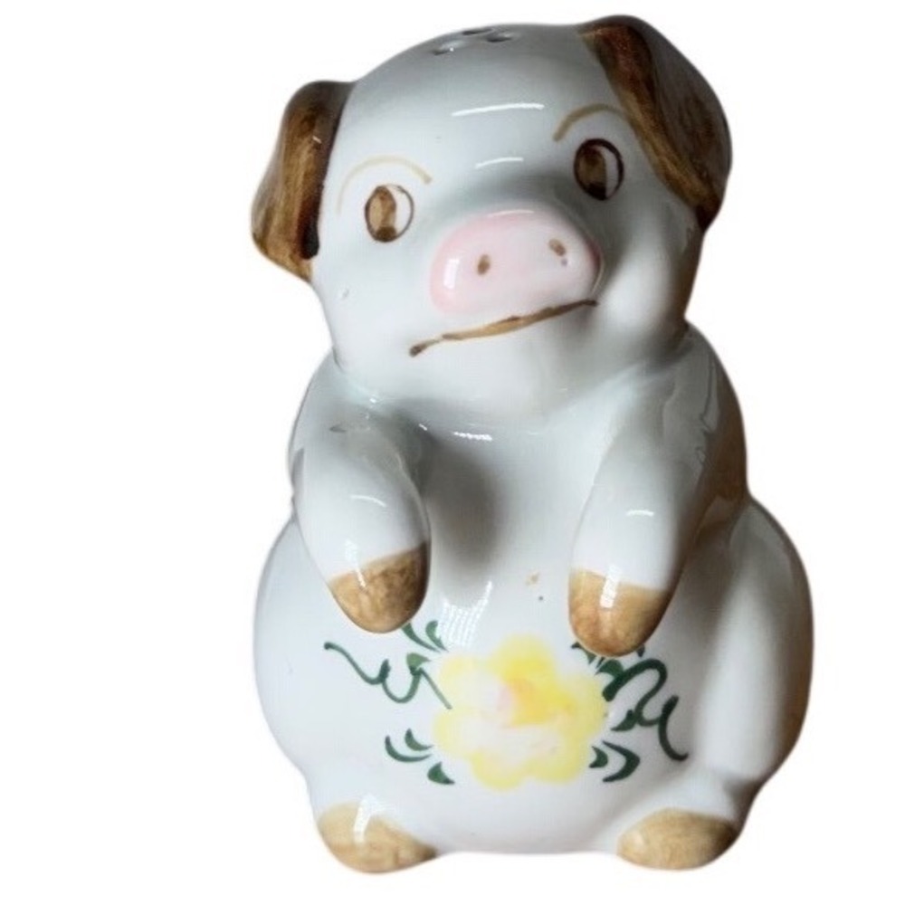 Vintage Ceramic Pig Salt or Pepper Shaker Floral Hand Painted Farmhouse Decor